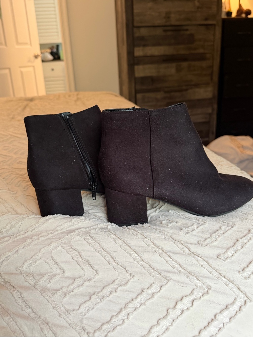 Women's Black Suede Ankle Booties with Block Heel